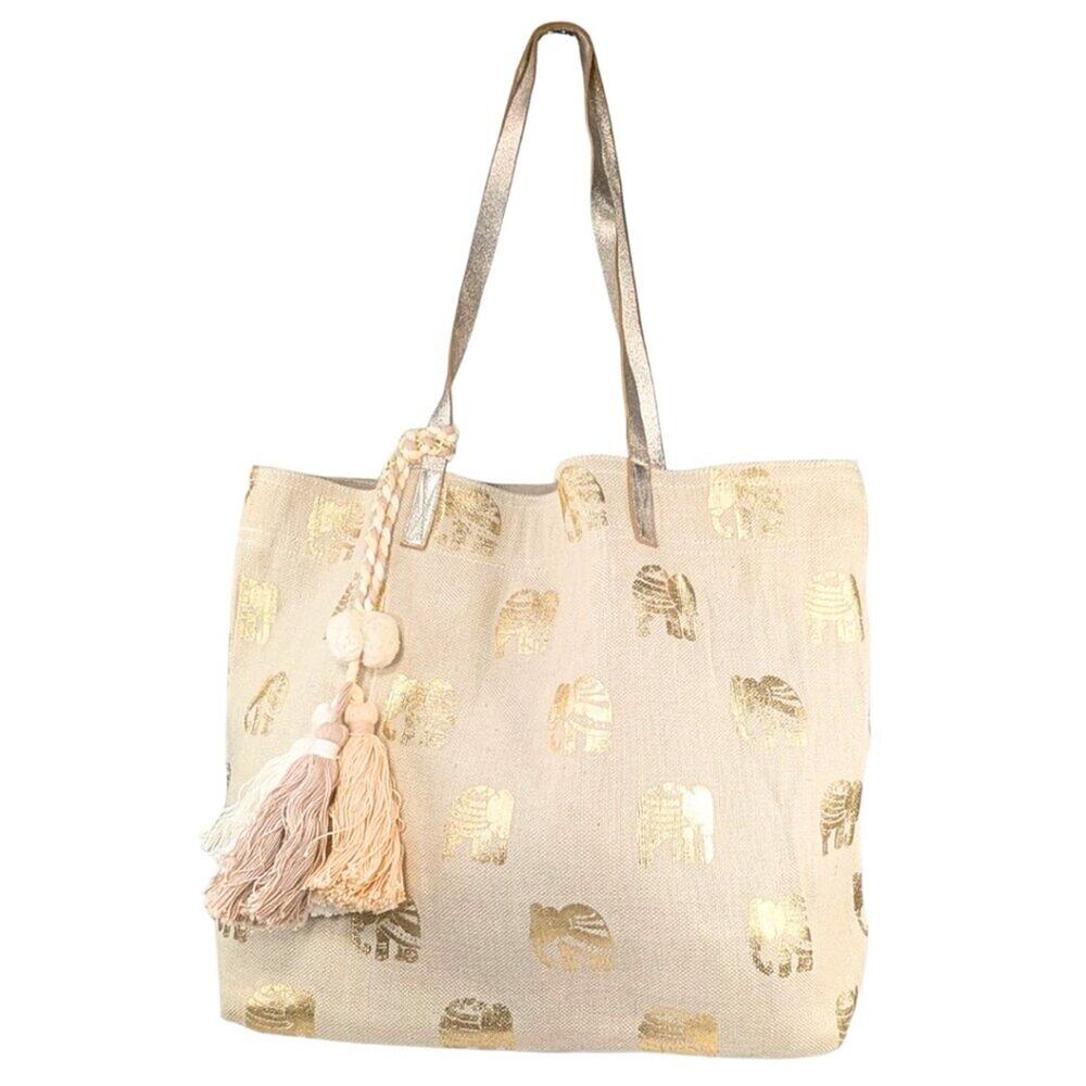 Shiraleah Large Canvas Metallic Gold Leather Gilded Elephant Tote w/Bag Tassel